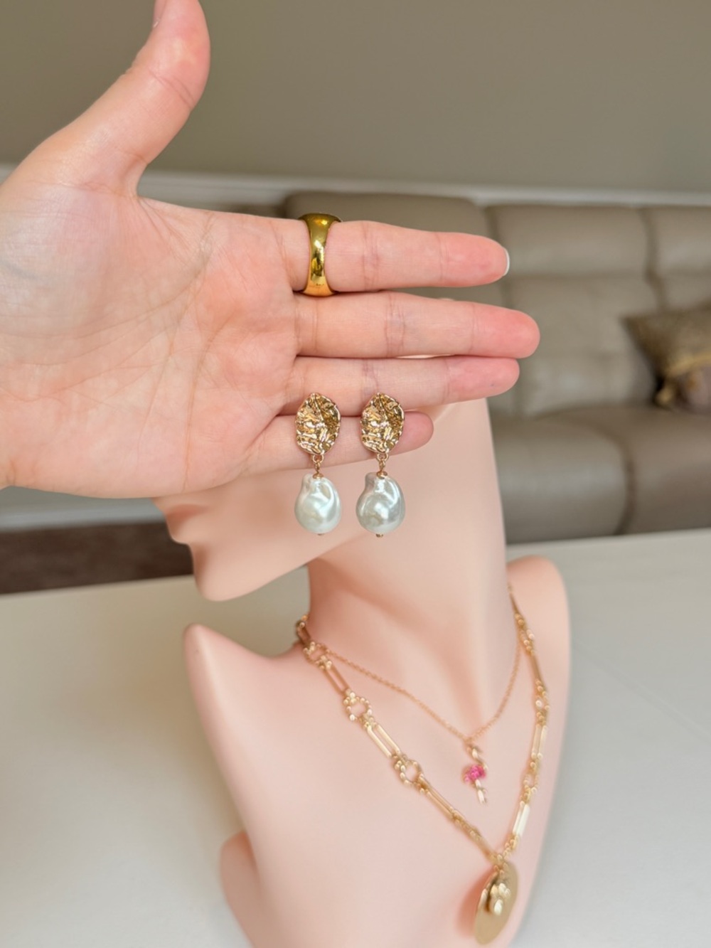 Gold-Tone Drop Pearl Earrings with Blue Pearl - Picture 7 of 10